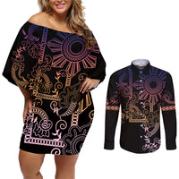 Filipino Sun Tribal Tattoo Couples Matching Off Shoulder Short Dress and Long Sleeve Button Shirt Philippines Inspired Barong Pink Art LT9 Pink - Polynesian Pride