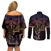 Filipino Sun Tribal Tattoo Couples Matching Off Shoulder Short Dress and Long Sleeve Button Shirt Philippines Inspired Barong Pink Art LT9 - Polynesian Pride