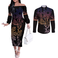 Filipino Sun Tribal Tattoo Couples Matching Off The Shoulder Long Sleeve Dress and Long Sleeve Button Shirt Philippines Inspired Barong Pink Art