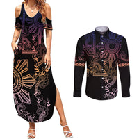 Filipino Sun Tribal Tattoo Couples Matching Summer Maxi Dress and Long Sleeve Button Shirt Philippines Inspired Barong Pink Art LT9 Pink - Polynesian Pride