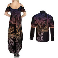 Filipino Sun Tribal Tattoo Couples Matching Summer Maxi Dress and Long Sleeve Button Shirt Philippines Inspired Barong Pink Art LT9 - Polynesian Pride