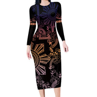Filipino Sun Tribal Tattoo Long Sleeve Bodycon Dress Philippines Inspired Barong Pink Art