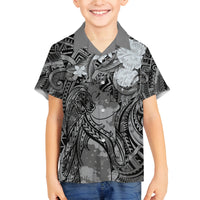 Pacific Beauty Girl Family Matching Tank Maxi Dress and Hawaiian Shirt Black Polyneisan Tribal Vintage Motif