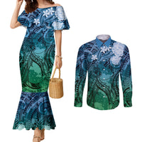 Pacific Beauty Girl Couples Matching Mermaid Dress and Long Sleeve Button Shirt Blue Polyneisan Tribal Vintage Motif