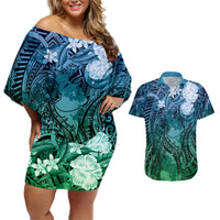 Pacific Beauty Girl Couples Matching Off Shoulder Short Dress and Hawaiian Shirt Blue Polyneisan Tribal Vintage Motif