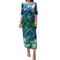 Pacific Beauty Girl Family Matching Puletasi and Hawaiian Shirt Blue Polyneisan Tribal Vintage Motif