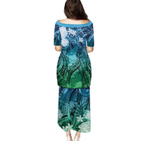 Pacific Beauty Girl Family Matching Puletasi and Hawaiian Shirt Blue Polyneisan Tribal Vintage Motif