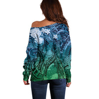 Pacific Beauty Girl Off Shoulder Sweater Blue Polyneisan Tribal Vintage Motif LT9 - Polynesian Pride