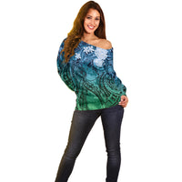 Pacific Beauty Girl Off Shoulder Sweater Blue Polyneisan Tribal Vintage Motif LT9 - Polynesian Pride