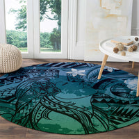Pacific Beauty Girl Round Carpet Blue Polyneisan Tribal Vintage Motif