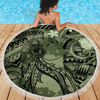 Pacific Beauty Girl Beach Blanket Green Polyneisan Tribal Vintage Motif