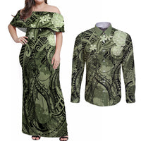 Pacific Beauty Girl Couples Matching Off Shoulder Maxi Dress and Long Sleeve Button Shirt Green Polyneisan Tribal Vintage Motif
