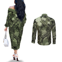 Pacific Beauty Girl Couples Matching Off The Shoulder Long Sleeve Dress and Long Sleeve Button Shirt Green Polyneisan Tribal Vintage Motif