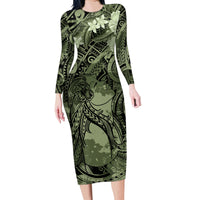 Pacific Beauty Girl Family Matching Long Sleeve Bodycon Dress and Hawaiian Shirt Green Polyneisan Tribal Vintage Motif