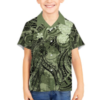 Pacific Beauty Girl Kid Hawaiian Shirt Green Polyneisan Tribal Vintage Motif LT9 Kid Green - Polynesian Pride