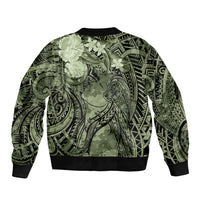 Pacific Beauty Girl Sleeve Zip Bomber Jacket Green Polyneisan Tribal Vintage Motif