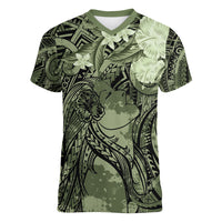 Pacific Beauty Girl Women V-Neck T-Shirt Green Polyneisan Tribal Vintage Motif