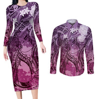 Pacific Beauty Girl Couples Matching Long Sleeve Bodycon Dress and Long Sleeve Button Shirt Pink Polyneisan Tribal Vintage Motif