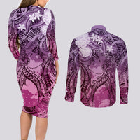 Pacific Beauty Girl Couples Matching Long Sleeve Bodycon Dress and Long Sleeve Button Shirt Pink Polyneisan Tribal Vintage Motif