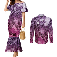 Pacific Beauty Girl Couples Matching Mermaid Dress and Long Sleeve Button Shirt Pink Polyneisan Tribal Vintage Motif