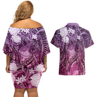 Pacific Beauty Girl Couples Matching Off Shoulder Short Dress and Hawaiian Shirt Pink Polyneisan Tribal Vintage Motif