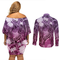 Pacific Beauty Girl Couples Matching Off Shoulder Short Dress and Long Sleeve Button Shirt Pink Polyneisan Tribal Vintage Motif LT9 - Polynesian Pride