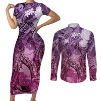 Pacific Beauty Girl Couples Matching Short Sleeve Bodycon Dress and Long Sleeve Button Shirt Pink Polyneisan Tribal Vintage Motif