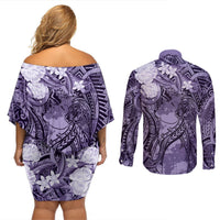 Pacific Beauty Girl Couples Matching Off Shoulder Short Dress and Long Sleeve Button Shirt Violet Polyneisan Tribal Vintage Motif LT9 - Polynesian Pride