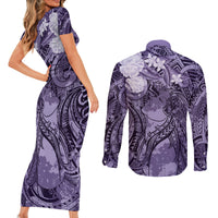 Pacific Beauty Girl Couples Matching Short Sleeve Bodycon Dress and Long Sleeve Button Shirt Violet Polyneisan Tribal Vintage Motif