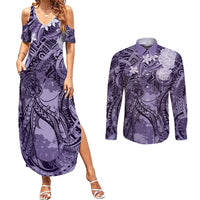 Pacific Beauty Girl Couples Matching Summer Maxi Dress and Long Sleeve Button Shirt Violet Polyneisan Tribal Vintage Motif