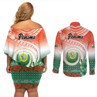 Penama Vanuatu Couples Matching Off Shoulder Short Dress and Long Sleeve Button Shirt Hibiscus Sand Drawing with Pacific Pattern