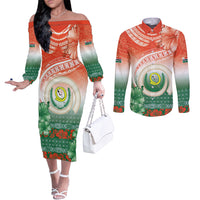 Penama Vanuatu Couples Matching Off The Shoulder Long Sleeve Dress and Long Sleeve Button Shirt Hibiscus Sand Drawing with Pacific Pattern LT9 Red Art - Polynesian Pride