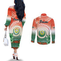 Penama Vanuatu Couples Matching Off The Shoulder Long Sleeve Dress and Long Sleeve Button Shirt Hibiscus Sand Drawing with Pacific Pattern LT9 - Polynesian Pride