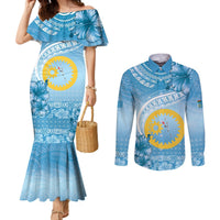 Sanma Vanuatu Couples Matching Mermaid Dress and Long Sleeve Button Shirt Hibiscus Sand Drawing with Pacific Pattern LT9 Blue Art - Polynesian Pride