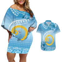 Sanma Vanuatu Couples Matching Off Shoulder Short Dress and Hawaiian Shirt Hibiscus Sand Drawing with Pacific Pattern LT9 Blue Art - Polynesian Pride