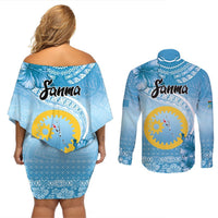 Sanma Vanuatu Couples Matching Off Shoulder Short Dress and Long Sleeve Button Shirt Hibiscus Sand Drawing with Pacific Pattern LT9 - Polynesian Pride