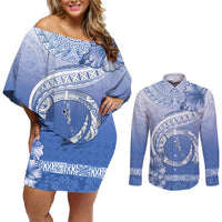 Shefa Vanuatu Couples Matching Off Shoulder Short Dress and Long Sleeve Button Shirt Hibiscus Sand Drawing with Pacific Pattern LT9 Blue Art - Polynesian Pride