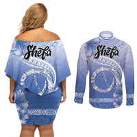 Shefa Vanuatu Couples Matching Off Shoulder Short Dress and Long Sleeve Button Shirt Hibiscus Sand Drawing with Pacific Pattern LT9 - Polynesian Pride