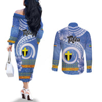 Tafea Vanuatu Couples Matching Off The Shoulder Long Sleeve Dress and Long Sleeve Button Shirt Hibiscus Sand Drawing with Pacific Pattern