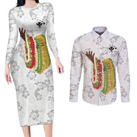 Hawaii Lei Kamehameha Couples Matching Long Sleeve Bodycon Dress and Long Sleeve Button Shirt Ke'oke'o Seamless Pattern Hibiscus Flower LT9 White - Polynesian Pride