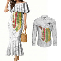 Hawaii Lei Kamehameha Couples Matching Mermaid Dress and Long Sleeve Button Shirt Ke'oke'o Seamless Pattern Hibiscus Flower LT9 White - Polynesian Pride
