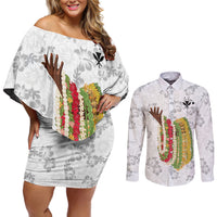 Hawaii Lei Kamehameha Couples Matching Off Shoulder Short Dress and Long Sleeve Button Shirt Ke'oke'o Seamless Pattern Hibiscus Flower LT9 White - Polynesian Pride