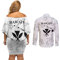 Hawaii Lei Kamehameha Couples Matching Off Shoulder Short Dress and Long Sleeve Button Shirt Ke'oke'o Seamless Pattern Hibiscus Flower LT9 - Polynesian Pride