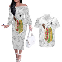 Hawaii Lei Kamehameha Couples Matching Off The Shoulder Long Sleeve Dress and Hawaiian Shirt Ke'oke'o Seamless Pattern Hibiscus Flower LT9 White - Polynesian Pride