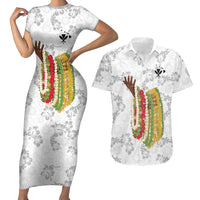 Hawaii Lei Kamehameha Couples Matching Short Sleeve Bodycon Dress and Hawaiian Shirt Ke'oke'o Seamless Pattern Hibiscus Flower LT9 White - Polynesian Pride