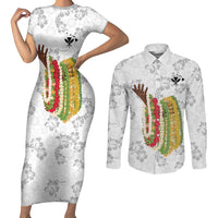 Hawaii Lei Kamehameha Couples Matching Short Sleeve Bodycon Dress and Long Sleeve Button Shirt Ke'oke'o Seamless Pattern Hibiscus Flower LT9 White - Polynesian Pride