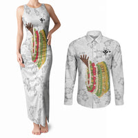 Hawaii Lei Kamehameha Couples Matching Tank Maxi Dress and Long Sleeve Button Shirt Ke'oke'o Seamless Pattern Hibiscus Flower LT9 White - Polynesian Pride