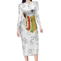 Hawaii Lei Kamehameha Long Sleeve Bodycon Dress Ke'oke'o Seamless Pattern Hibiscus Flower LT9 Long Dress White - Polynesian Pride
