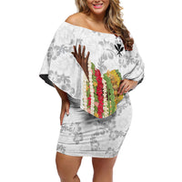 Hawaii Lei Kamehameha Off Shoulder Short Dress Ke'oke'o Seamless Pattern Hibiscus Flower LT9 Women White - Polynesian Pride