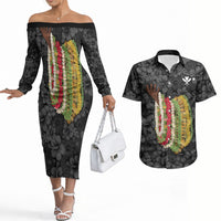 Hawaii Lei Kamehameha Couples Matching Off The Shoulder Long Sleeve Dress and Hawaiian Shirt Ele'ele Seamless Pattern Hibiscus Flower LT9 Black - Polynesian Pride